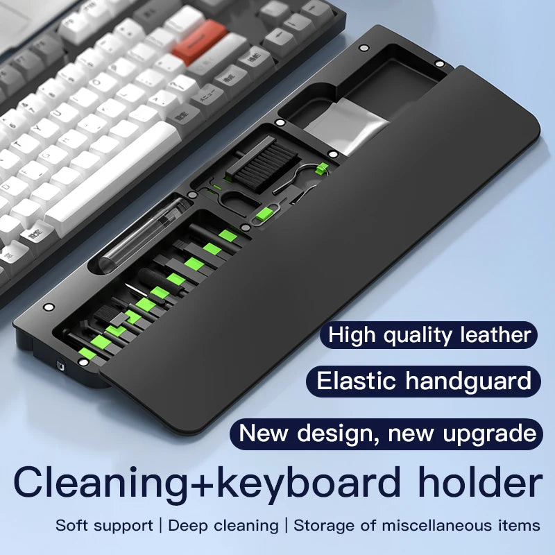 Apoio de pulso em couro para teclado com ferramentas de limpeza profissional e compartimento de armazenamento integrado para uso diário.