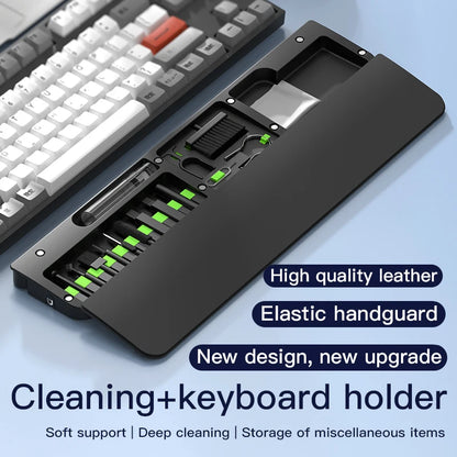 Apoio de pulso em couro para teclado com ferramentas de limpeza profissional e compartimento de armazenamento integrado para uso diário.