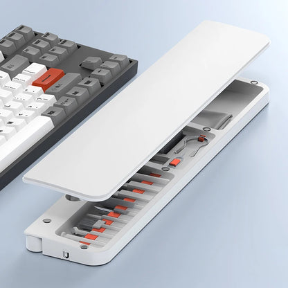 Apoio de pulso em couro para teclado com ferramentas de limpeza profissional e compartimento de armazenamento integrado para uso diário.