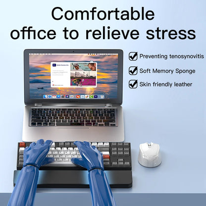 Apoio de pulso em couro para teclado com ferramentas de limpeza profissional e compartimento de armazenamento integrado para uso diário.