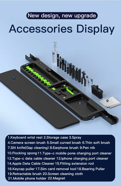 Apoio de pulso em couro para teclado com ferramentas de limpeza profissional e compartimento de armazenamento integrado para uso diário.